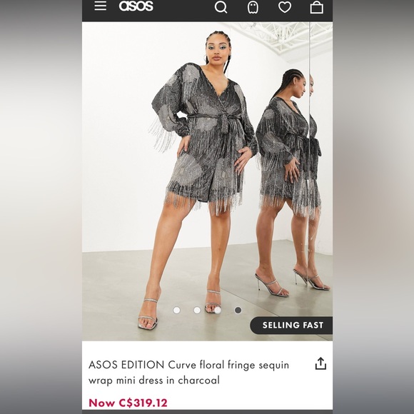 ASOS EDITION Curve floral fringe sequin wrap mini dress in charcoal - Picture 3 of 5
